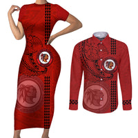 Hawaii Kahuku High & Intermediate School Couples Matching Short Sleeve Bodycon Dress and Long Sleeve Button Shirt Tribal Kakau Pattern LT03 Red - Polynesian Pride