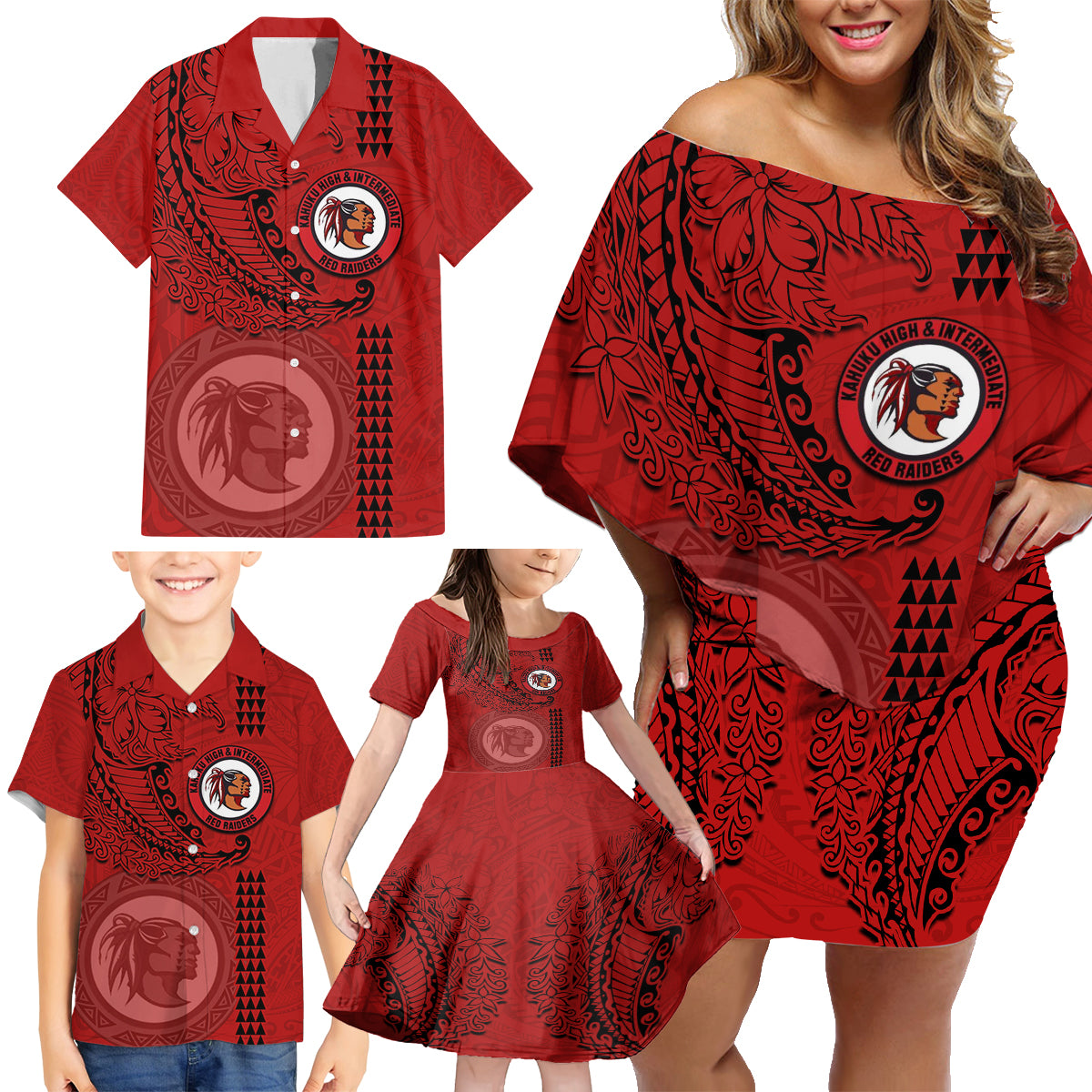 Hawaii Kahuku High & Intermediate School Family Matching Off Shoulder Short Dress and Hawaiian Shirt Tribal Kakau Pattern LT03 - Polynesian Pride
