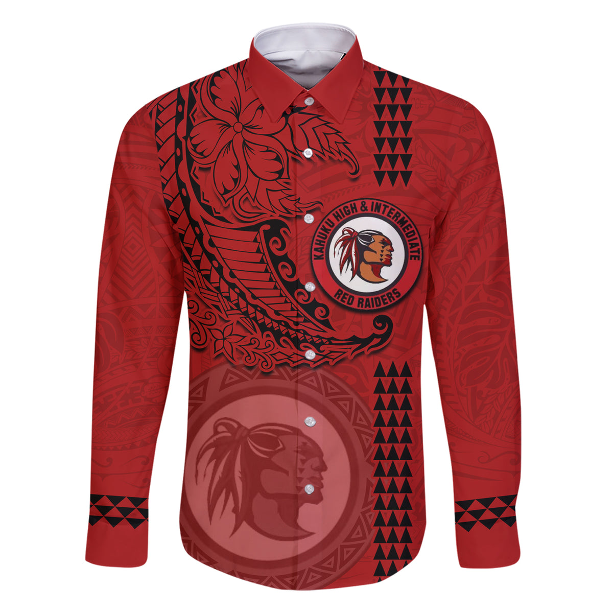 Hawaii Kahuku High & Intermediate School Family Matching Short Sleeve Bodycon Dress and Hawaiian Shirt Tribal Kakau Pattern LT03 Dad's Shirt - Long Sleeve Red - Polynesian Pride