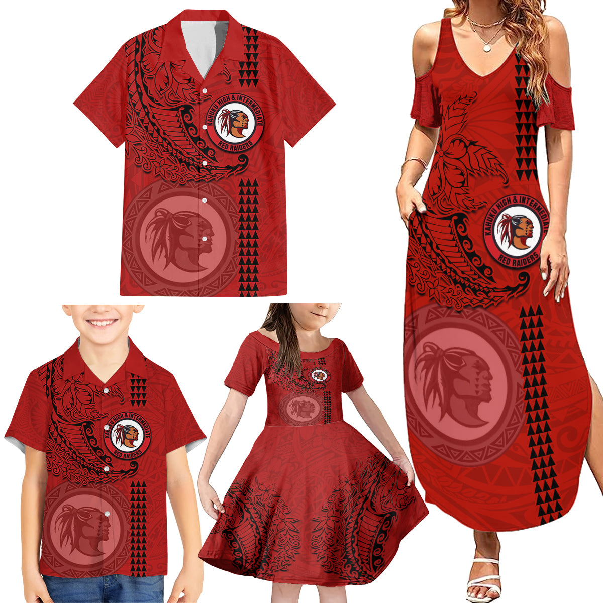 Hawaii Kahuku High & Intermediate School Family Matching Summer Maxi Dress and Hawaiian Shirt Tribal Kakau Pattern LT03 - Polynesian Pride