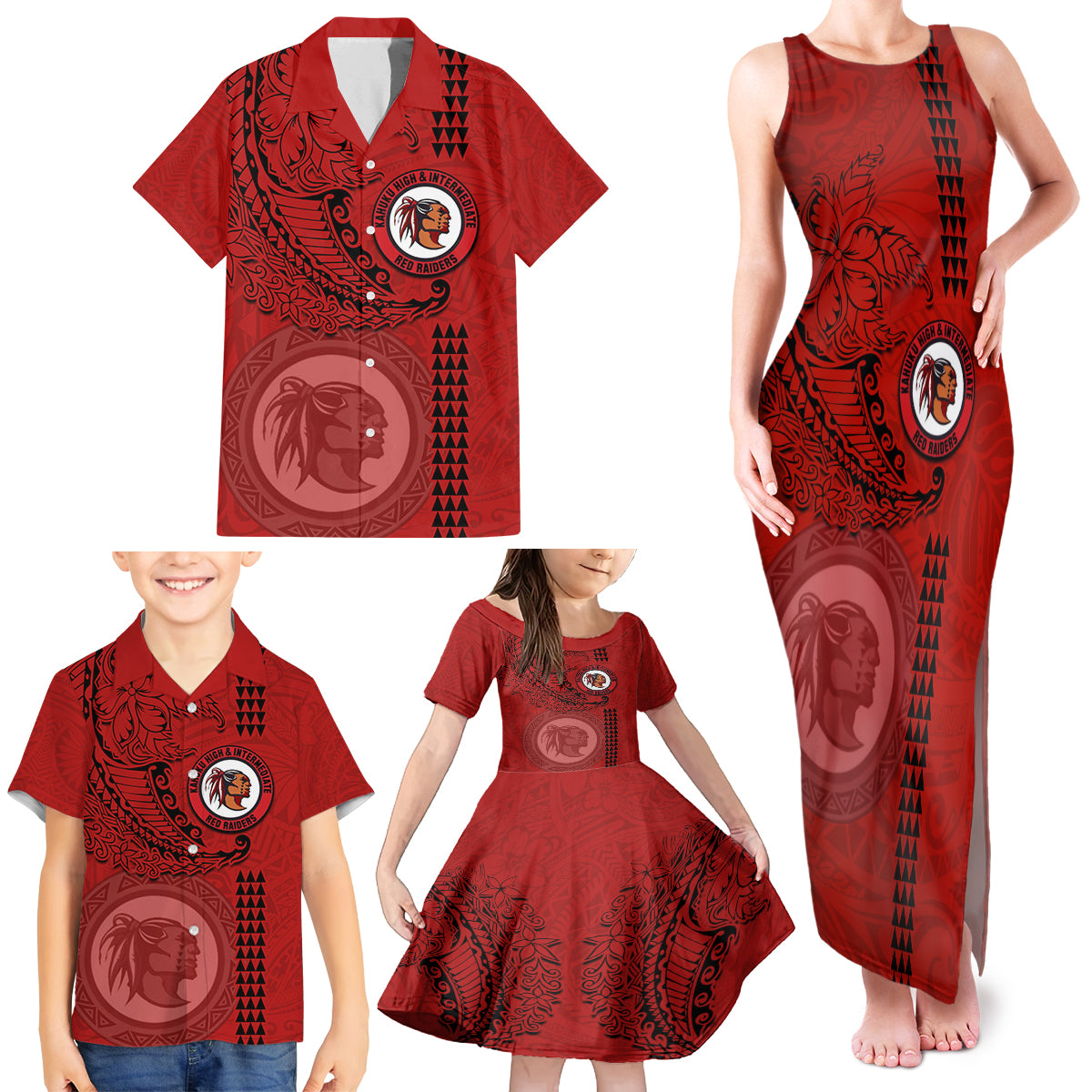 Hawaii Kahuku High & Intermediate School Family Matching Tank Maxi Dress and Hawaiian Shirt Tribal Kakau Pattern LT03 - Polynesian Pride