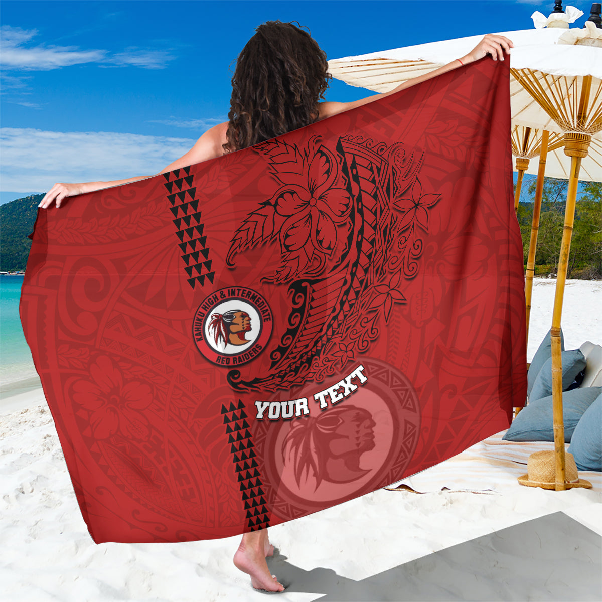 Hawaii Kahuku High & Intermediate School Sarong Tribal Kakau Pattern LT03 One Size 44 x 66 inches Red - Polynesian Pride