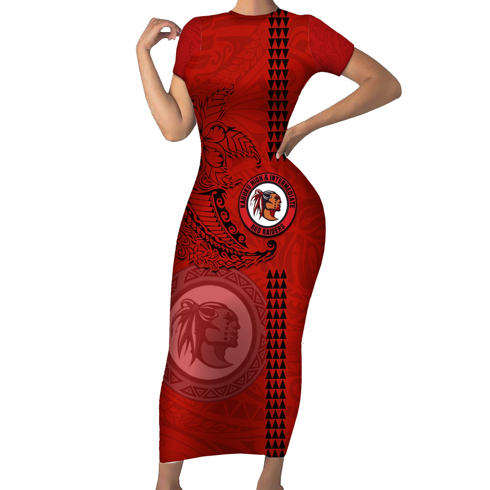 Hawaii Kahuku High & Intermediate School Short Sleeve Bodycon Dress Tribal Kakau Pattern LT03 Long Dress Red - Polynesian Pride