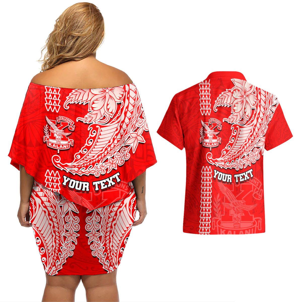 Hawaii Kalani High School Couples Matching Off Shoulder Short Dress and Hawaiian Shirt Tribal Kakau Pattern LT03 - Polynesian Pride