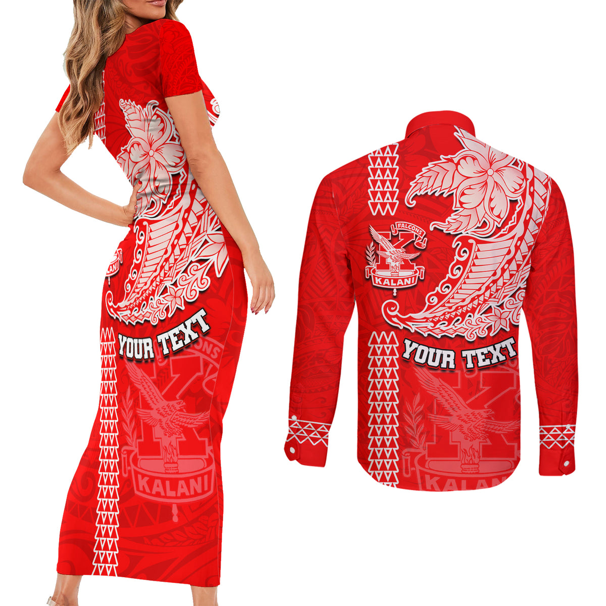 Hawaii Kalani High School Couples Matching Short Sleeve Bodycon Dress and Long Sleeve Button Shirt Tribal Kakau Pattern LT03 - Polynesian Pride