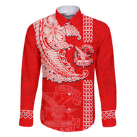 Hawaii Kalani High School Family Matching Off Shoulder Maxi Dress and Hawaiian Shirt Tribal Kakau Pattern LT03 Dad's Shirt - Long Sleeve Red - Polynesian Pride