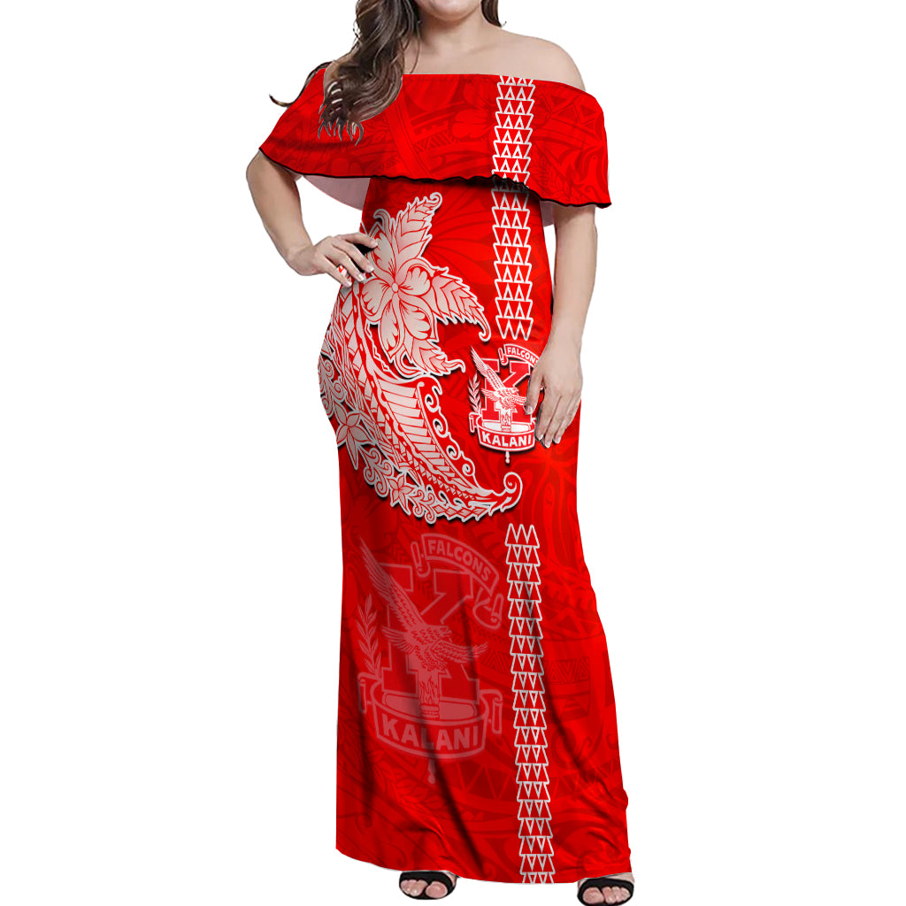 Hawaii Kalani High School Off Shoulder Maxi Dress Tribal Kakau Pattern LT03 Women Red - Polynesian Pride