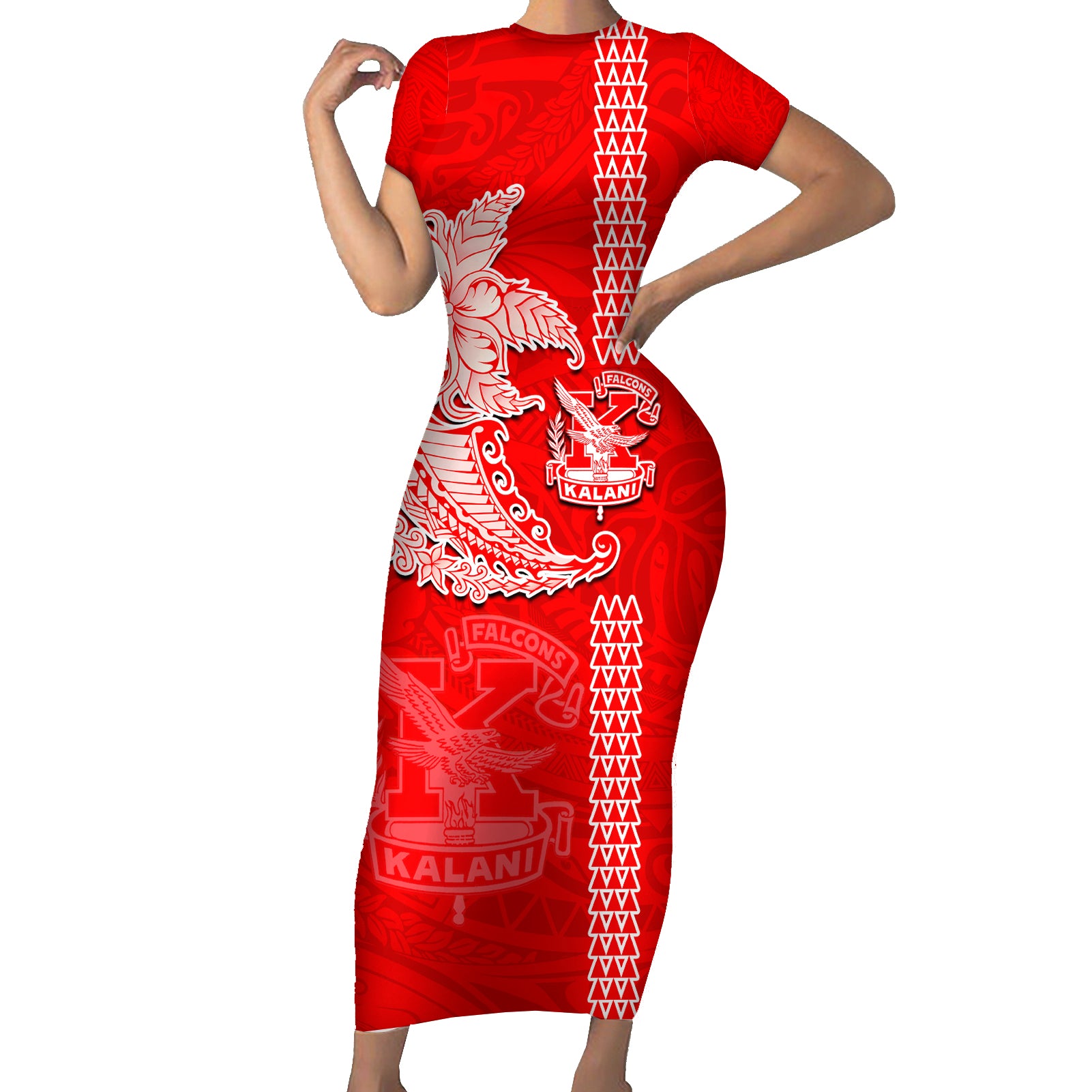 Hawaii Kalani High School Short Sleeve Bodycon Dress Tribal Kakau Pattern LT03 Long Dress Red - Polynesian Pride