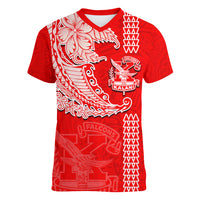 Hawaii Kalani High School Women V Neck T Shirt Tribal Kakau Pattern LT03 Female Red - Polynesian Pride