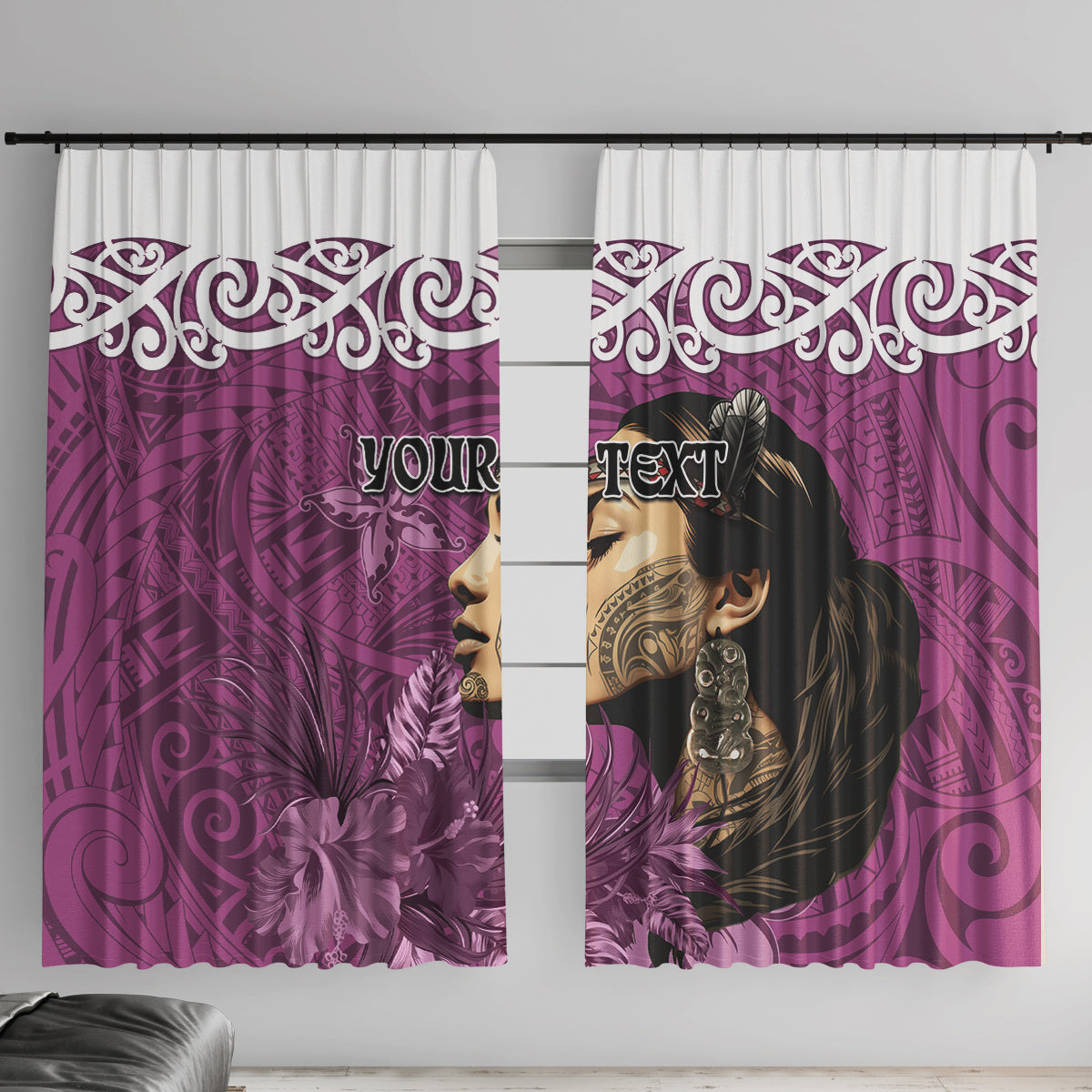 Custom New Zealand Womens Day Window Curtain Traditional Maori Woman Polynesian Pattern Pink Color LT03 With Hooks Pink - Polynesian Pride