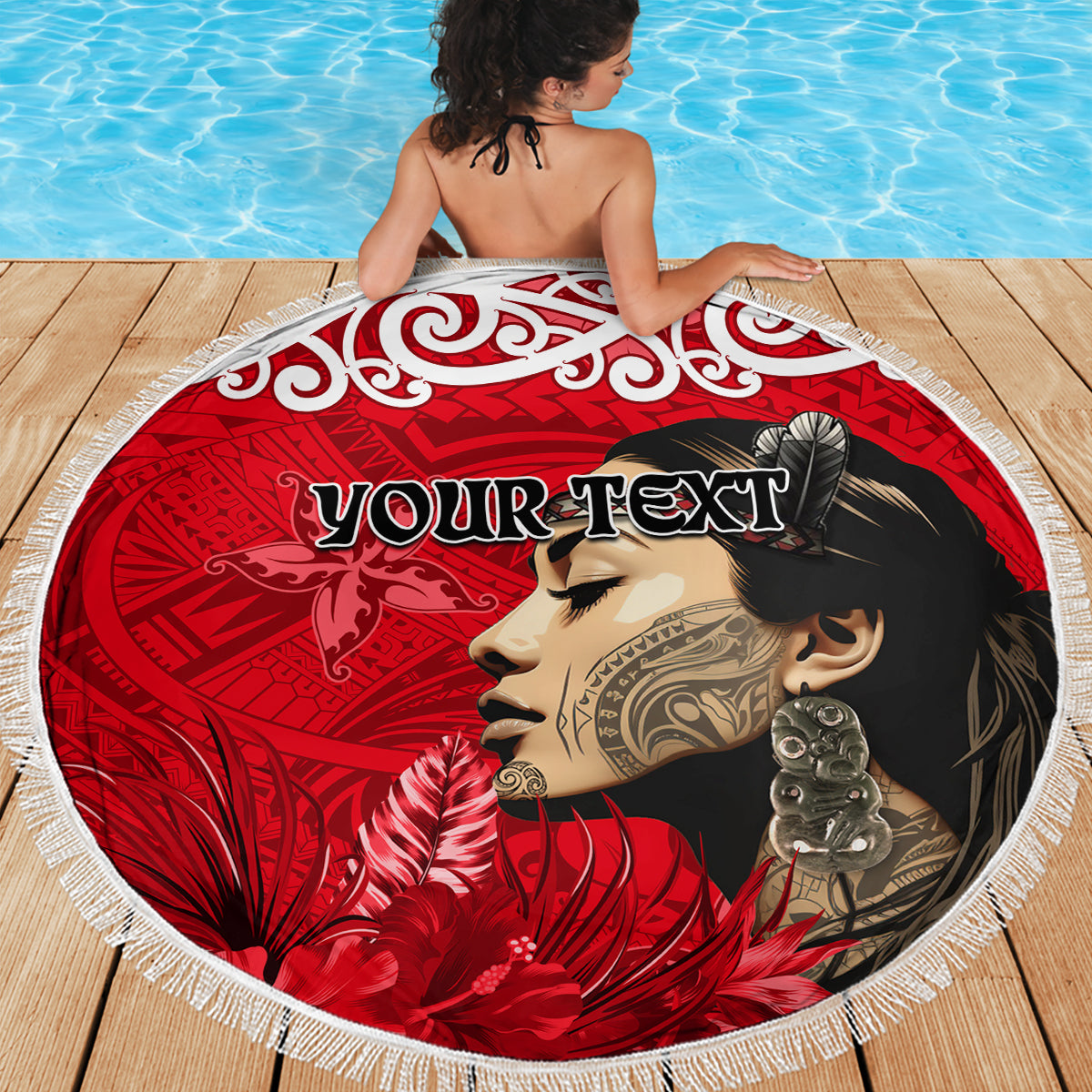 Custom New Zealand Womens Day Beach Blanket Traditional Maori Woman Polynesian Pattern Red Color LT03 - Polynesian Pride