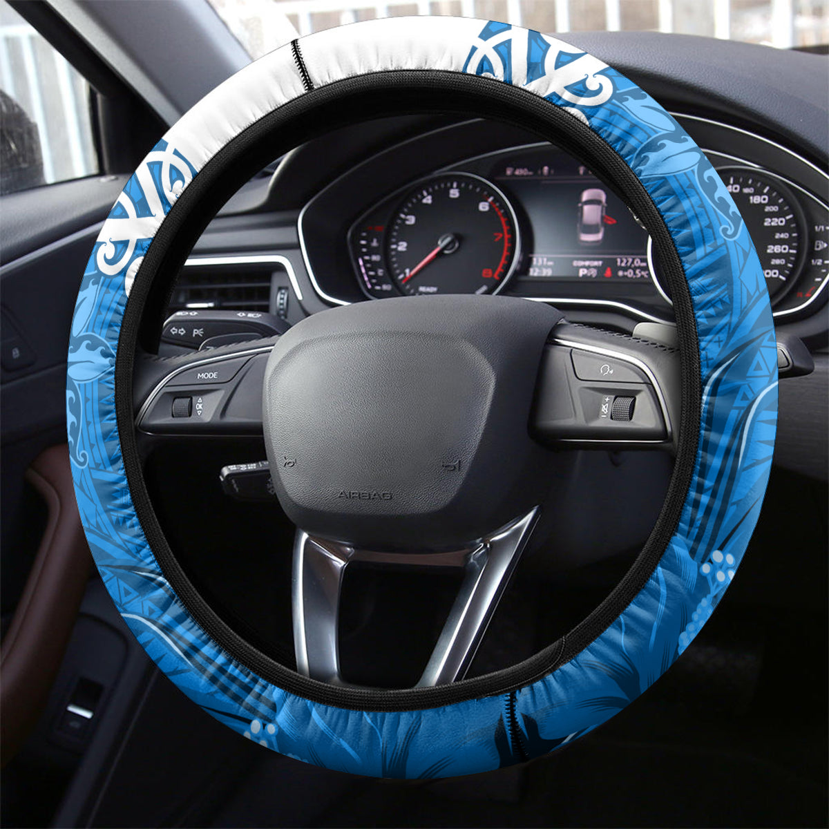 Custom New Zealand Womens Day Steering Wheel Cover Traditional Maori Woman Polynesian Pattern Blue Color