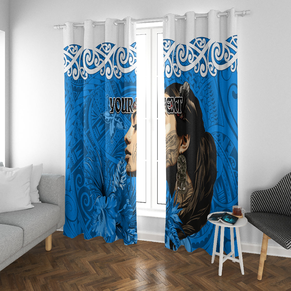 Custom New Zealand Womens Day Window Curtain Traditional Maori Woman Polynesian Pattern Blue Color LT03 With Grommets Blue - Polynesian Pride