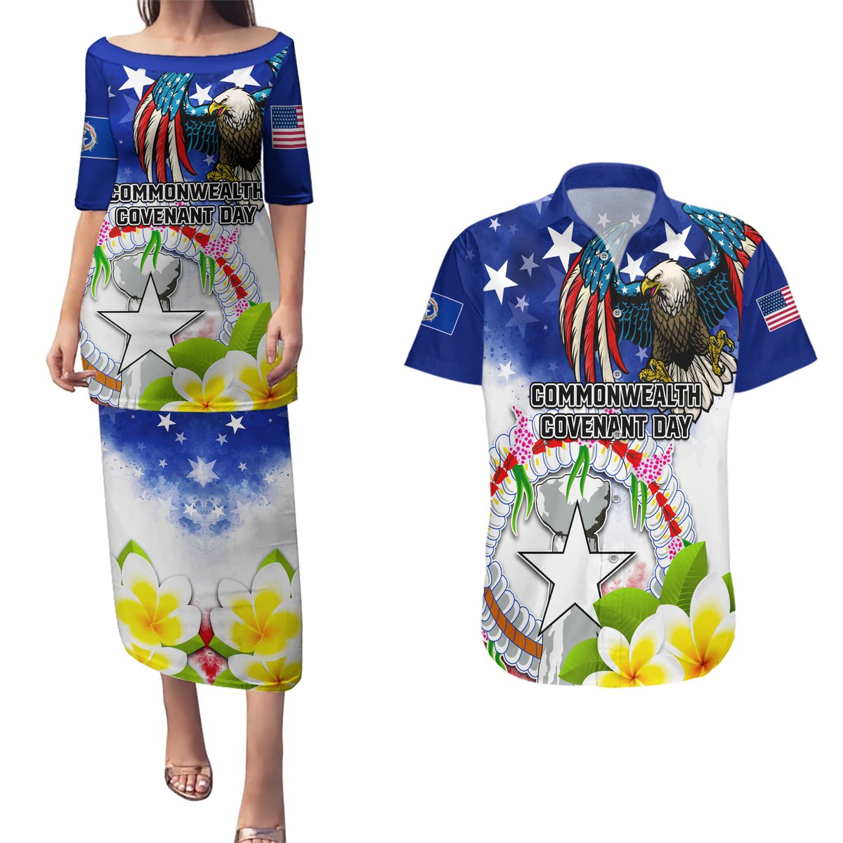 Custom Northern Mariana Islands Commonwealth Covenant Day Couples Matching Puletasi and Hawaiian Shirt Plumeria Flower Splash Style LT03 Blue - Polynesian Pride
