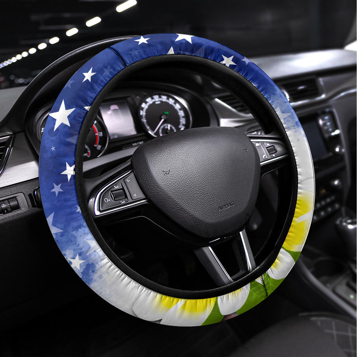 Northern Mariana Islands Commonwealth Covenant Day Steering Wheel Cover Plumeria Flower Splash Style LT03 Universal Fit Blue - Polynesian Pride