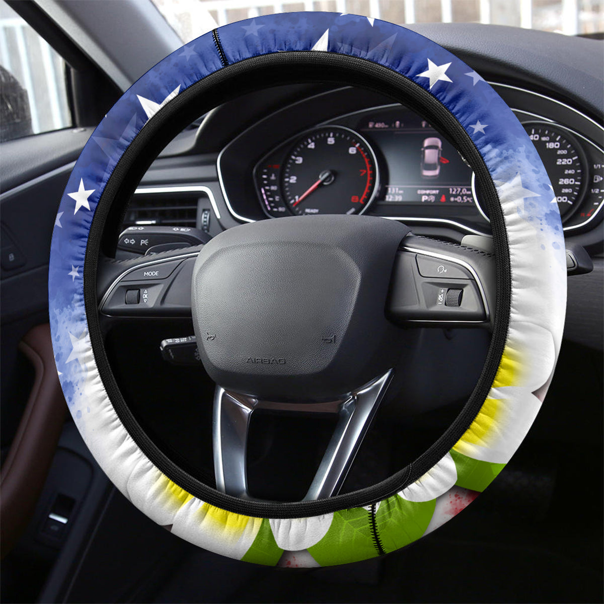 Custom Northern Mariana Islands Commonwealth Covenant Day Steering Wheel Cover Plumeria Flower Splash Style
