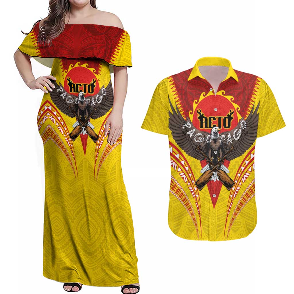 American Samoa Fautasi Race Couples Matching Off Shoulder Maxi Dress and Hawaiian Shirt Pago Pago-Aeto Samoan Tattoo and Eagle