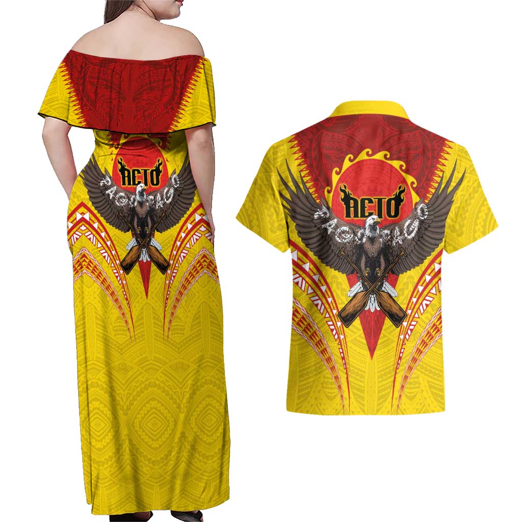 American Samoa Fautasi Race Couples Matching Off Shoulder Maxi Dress and Hawaiian Shirt Pago Pago-Aeto Samoan Tattoo and Eagle