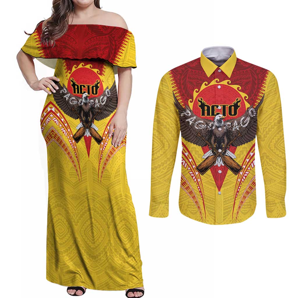 American Samoa Fautasi Race Couples Matching Off Shoulder Maxi Dress and Long Sleeve Button Shirt Pago Pago-Aeto Samoan Tattoo and Eagle