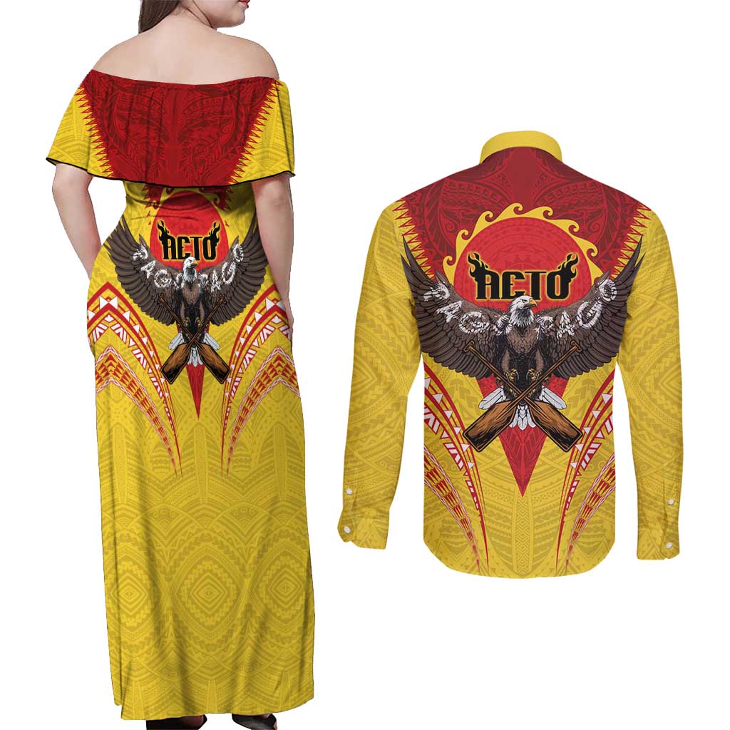 American Samoa Fautasi Race Couples Matching Off Shoulder Maxi Dress and Long Sleeve Button Shirt Pago Pago-Aeto Samoan Tattoo and Eagle