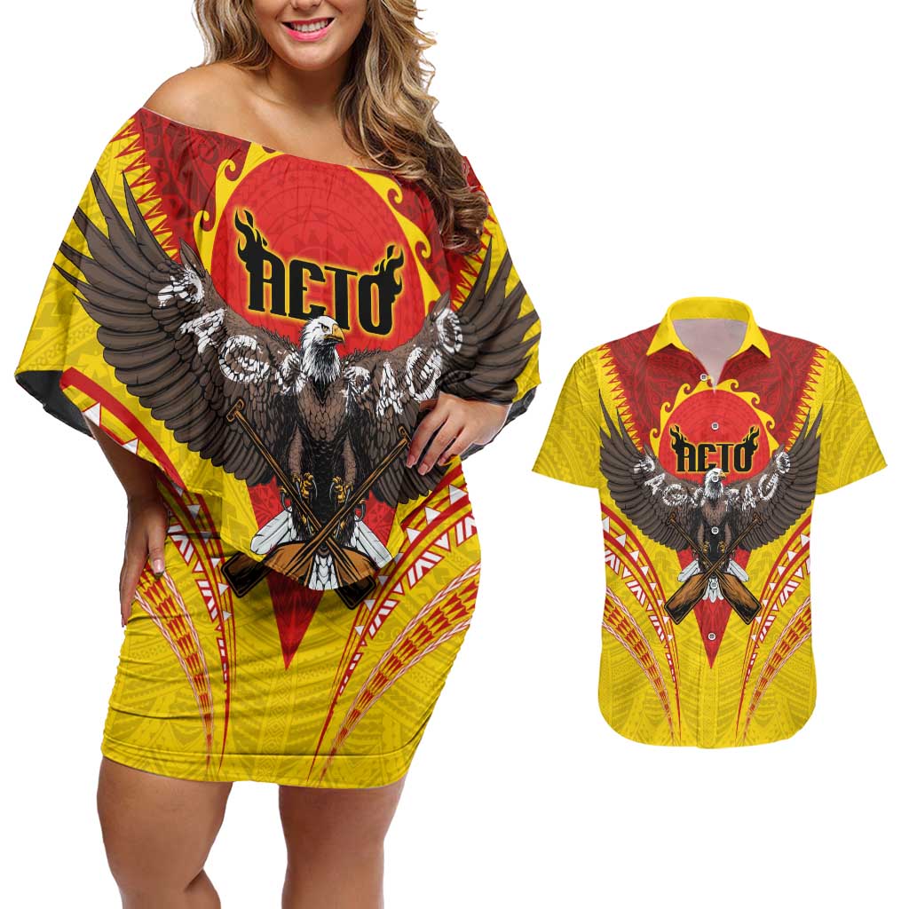 American Samoa Fautasi Race Couples Matching Off Shoulder Short Dress and Hawaiian Shirt Pago Pago-Aeto Samoan Tattoo and Eagle LT03 Yellow - Polynesian Pride