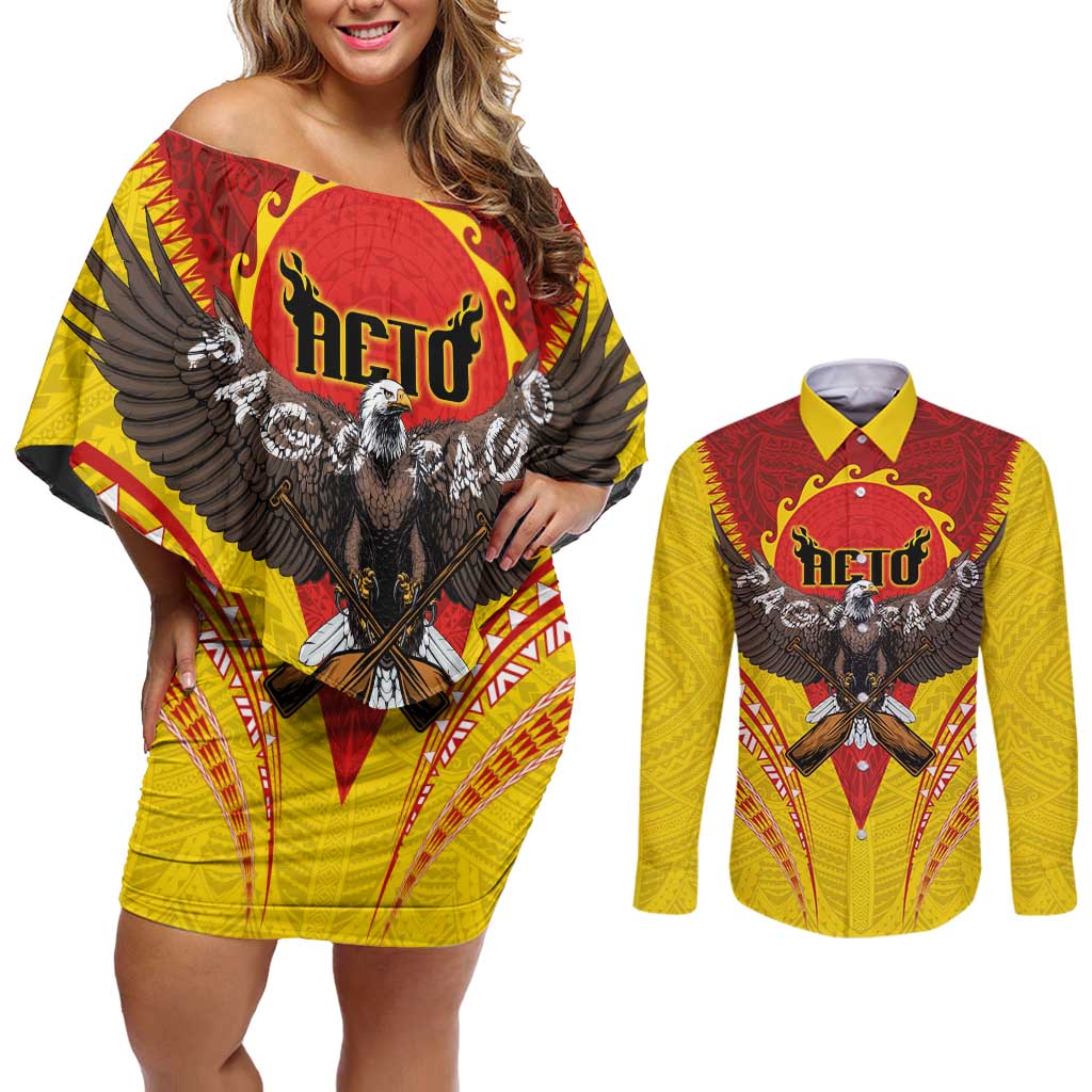 American Samoa Fautasi Race Couples Matching Off Shoulder Short Dress and Long Sleeve Button Shirt Pago Pago-Aeto Samoan Tattoo and Eagle LT03 Yellow - Polynesian Pride