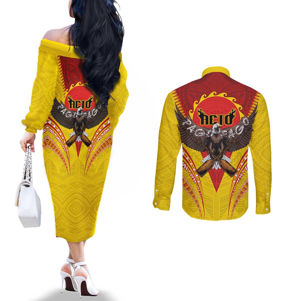 American Samoa Fautasi Race Couples Matching Off The Shoulder Long Sleeve Dress and Long Sleeve Button Shirt Pago Pago-Aeto Samoan Tattoo and Eagle