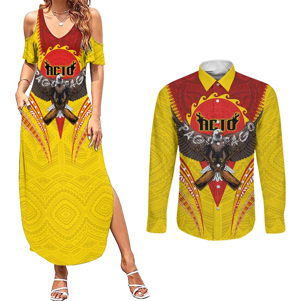 American Samoa Fautasi Race Couples Matching Summer Maxi Dress and Long Sleeve Button Shirt Pago Pago-Aeto Samoan Tattoo and Eagle
