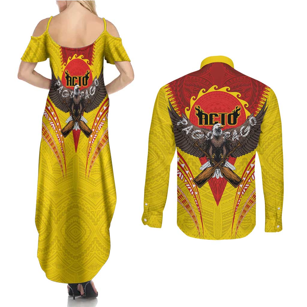 American Samoa Fautasi Race Couples Matching Summer Maxi Dress and Long Sleeve Button Shirt Pago Pago-Aeto Samoan Tattoo and Eagle