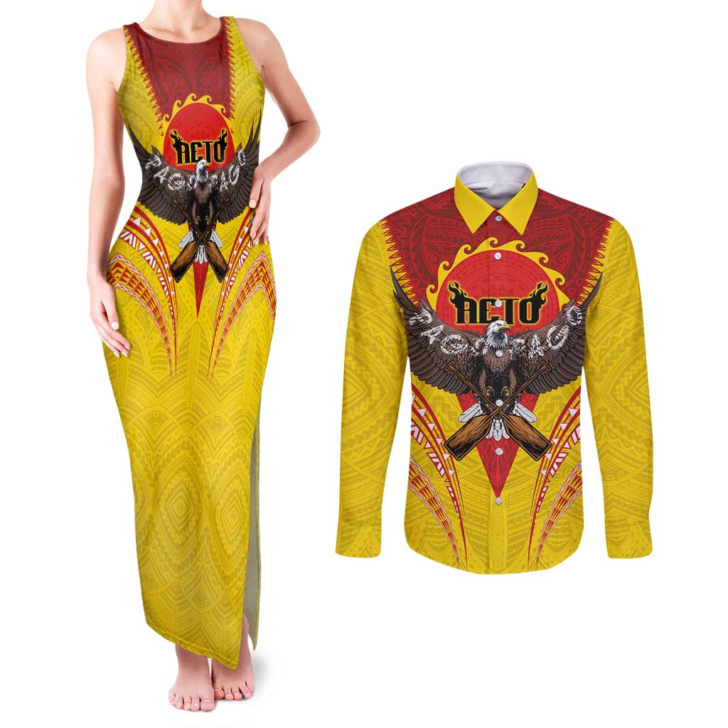 American Samoa Fautasi Race Couples Matching Tank Maxi Dress and Long Sleeve Button Shirt Pago Pago-Aeto Samoan Tattoo and Eagle LT03 Yellow - Polynesian Pride
