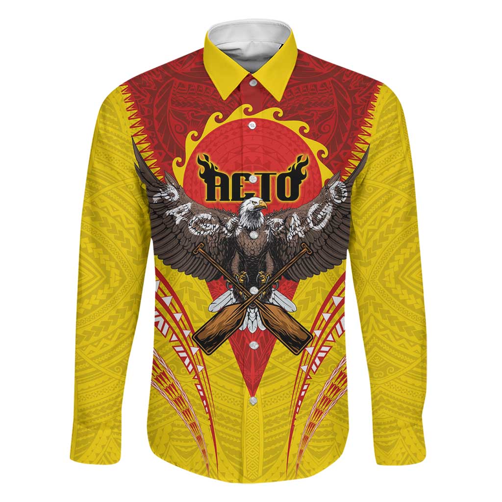 American Samoa Fautasi Race Family Matching Off The Shoulder Long Sleeve Dress and Hawaiian Shirt Pago Pago-Aeto Samoan Tattoo and Eagle LT03 Dad's Shirt - Long Sleeve Yellow - Polynesian Pride