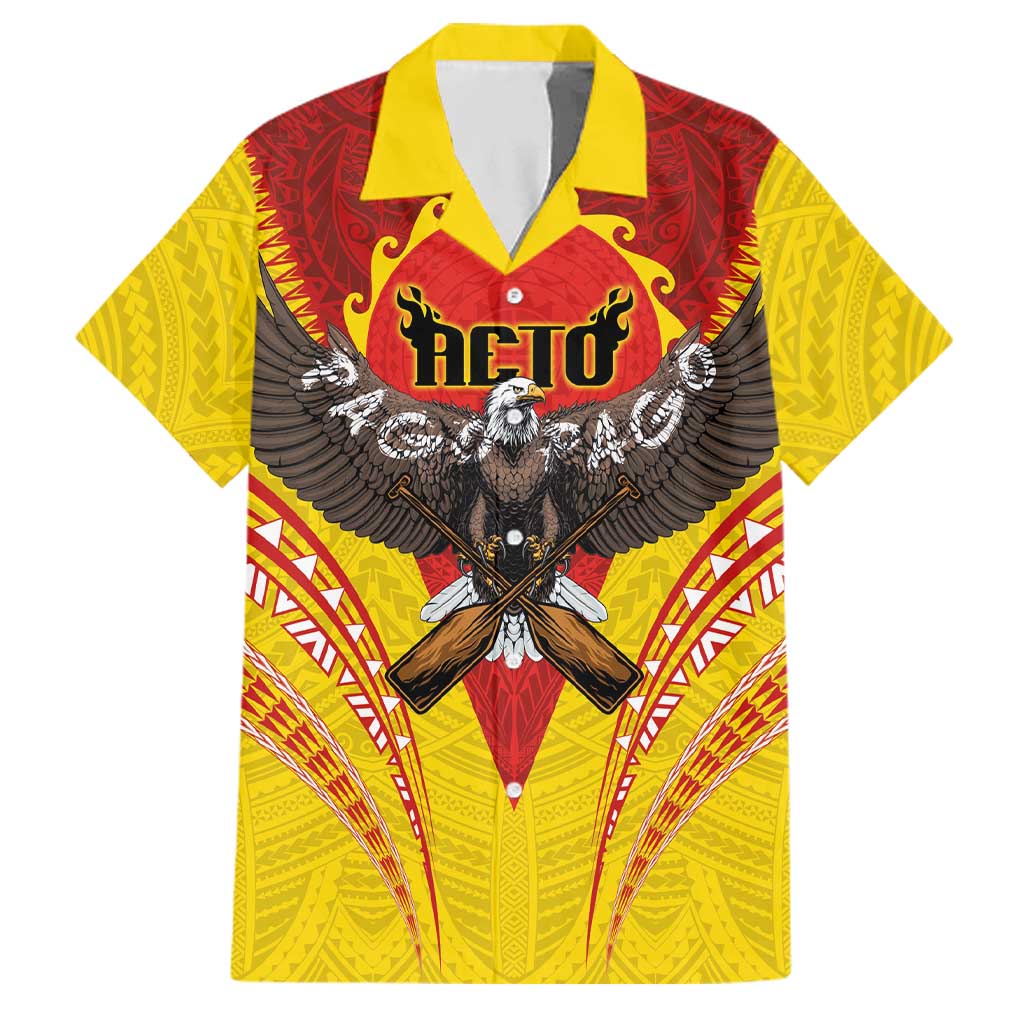 American Samoa Fautasi Race Family Matching Off Shoulder Maxi Dress and Hawaiian Shirt Pago Pago-Aeto Samoan Tattoo and Eagle LT03 Dad's Shirt - Short Sleeve Yellow - Polynesian Pride