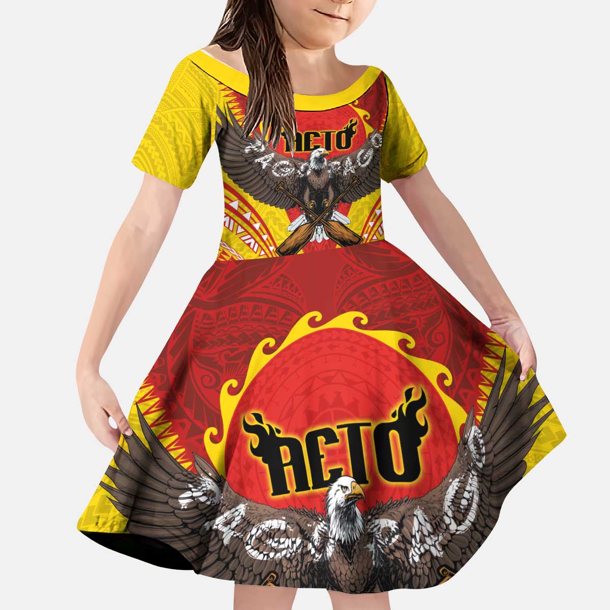 American Samoa Fautasi Race Kid Short Sleeve Dress Pago Pago-Aeto Samoan Tattoo and Eagle LT03 KID Yellow - Polynesian Pride