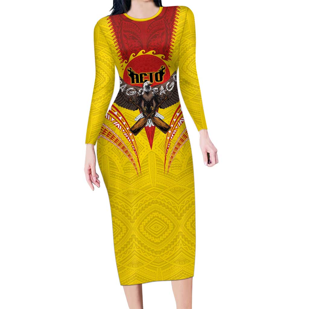 American Samoa Fautasi Race Long Sleeve Bodycon Dress Pago Pago-Aeto Samoan Tattoo and Eagle