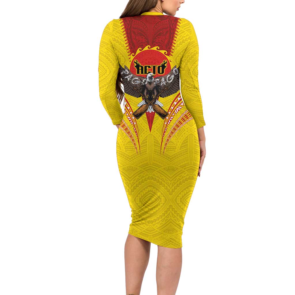 American Samoa Fautasi Race Long Sleeve Bodycon Dress Pago Pago-Aeto Samoan Tattoo and Eagle