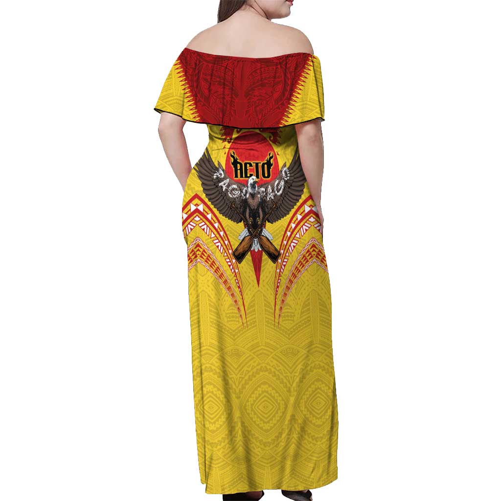 American Samoa Fautasi Race Off Shoulder Maxi Dress Pago Pago-Aeto Samoan Tattoo and Eagle LT03 - Polynesian Pride