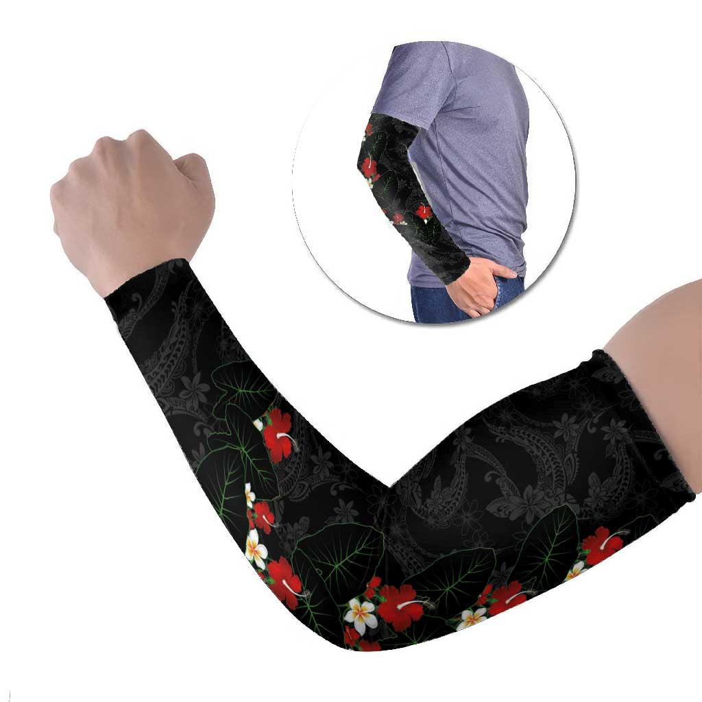 Hawaiian Taro Leaves-Hibiscus and Plumeria Arm Sleeves Floral Tribal Tattoo Motif LT03 Set of 2 Black - Polynesian Pride