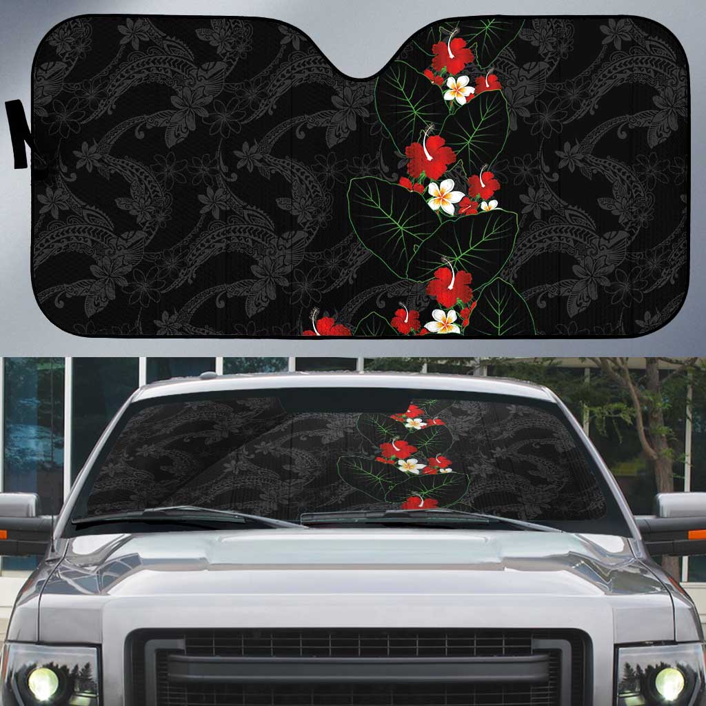 Hawaiian Taro Leaves-Hibiscus and Plumeria Auto Sun Shade Floral Tribal Tattoo Motif