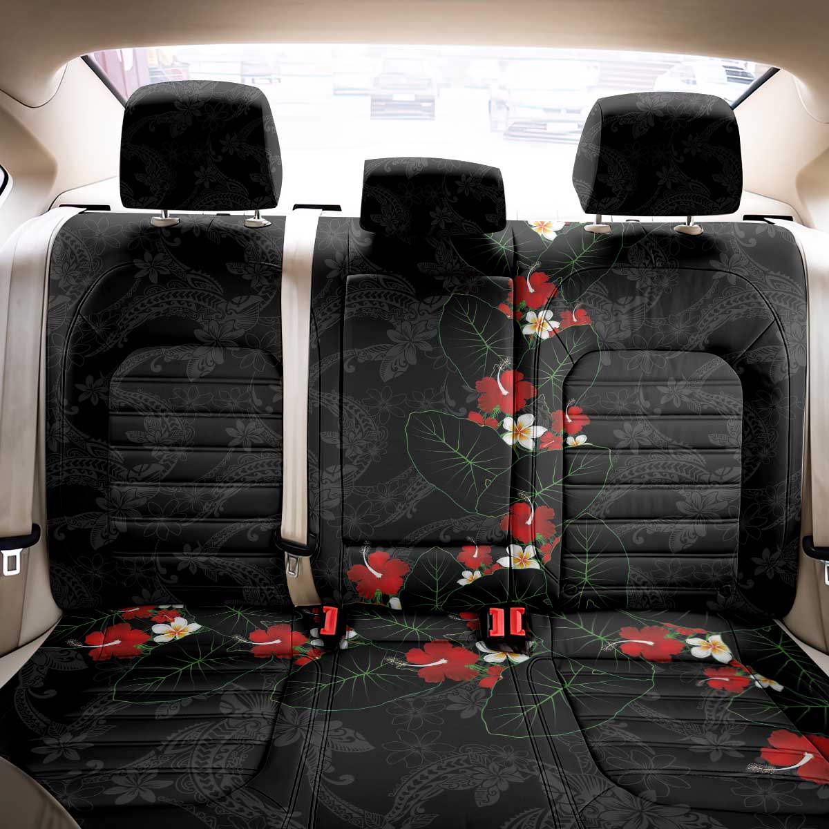 Hawaiian Taro Leaves-Hibiscus and Plumeria Back Car Seat Cover Floral Tribal Tattoo Motif