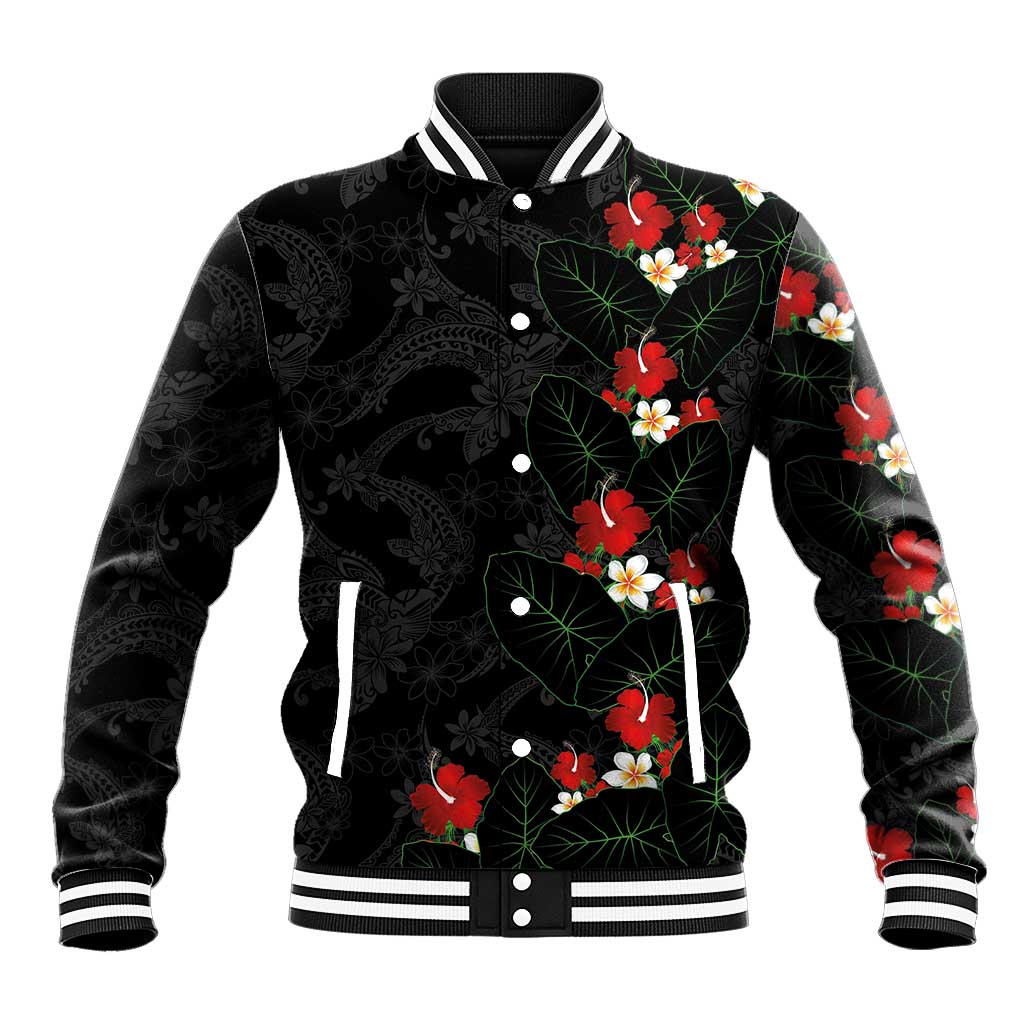 Hawaiian Taro Leaves-Hibiscus and Plumeria Baseball Jacket Floral Tribal Tattoo Motif LT03 Unisex Black - Polynesian Pride