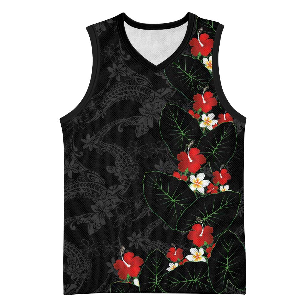 Hawaiian Taro Leaves-Hibiscus and Plumeria Basketball Jersey Floral Tribal Tattoo Motif LT03 Unisex Black - Polynesian Pride