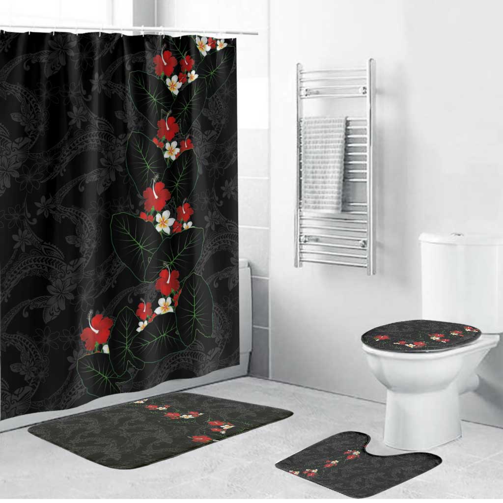 Hawaiian Taro Leaves-Hibiscus and Plumeria Bathroom Set Floral Tribal Tattoo Motif