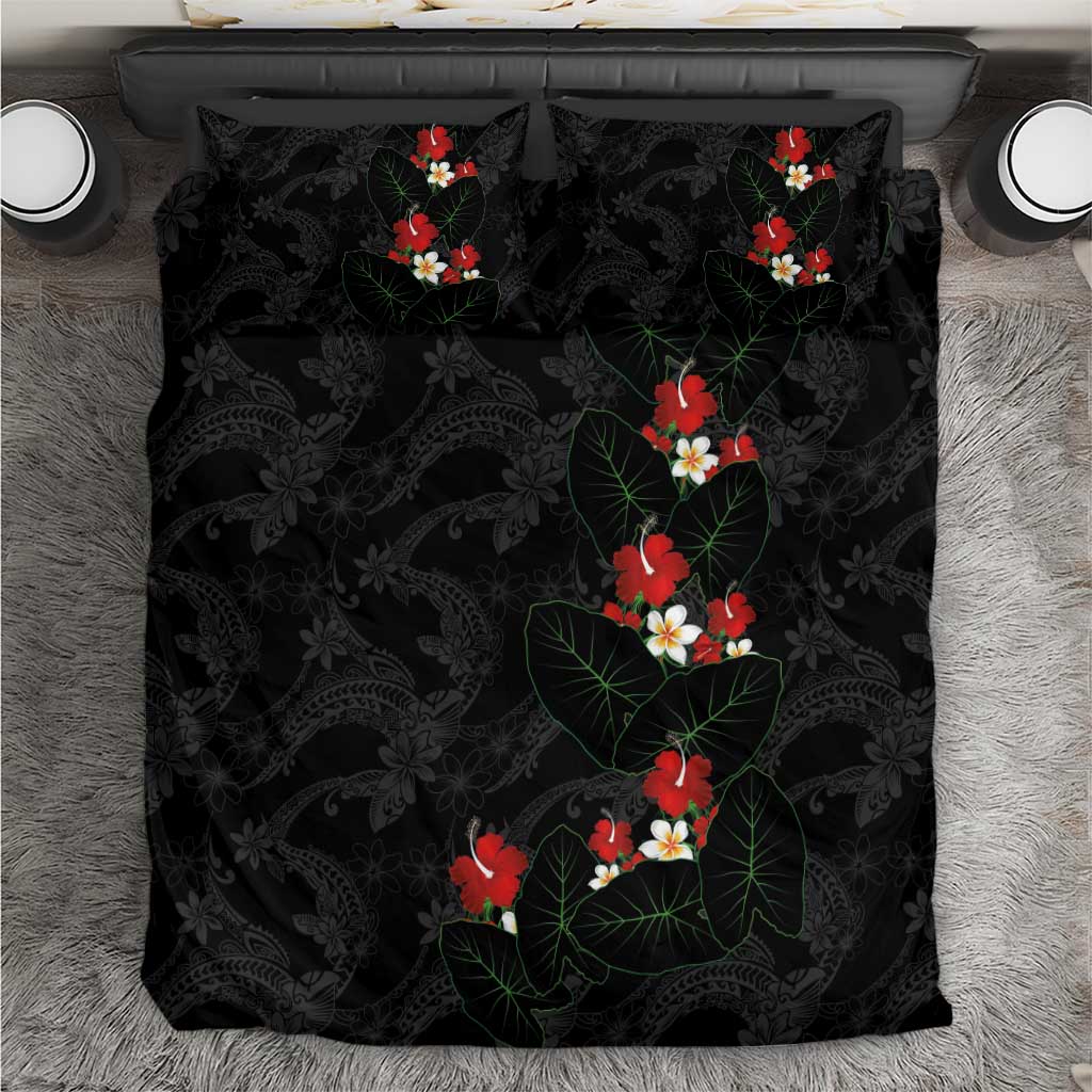 Hawaiian Taro Leaves-Hibiscus and Plumeria Bedding Set Floral Tribal Tattoo Motif
