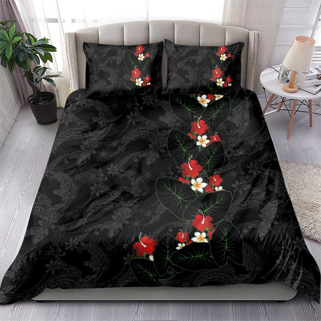 Hawaiian Taro Leaves-Hibiscus and Plumeria Bedding Set Floral Tribal Tattoo Motif