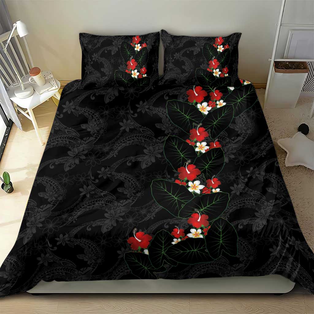 Hawaiian Taro Leaves-Hibiscus and Plumeria Bedding Set Floral Tribal Tattoo Motif