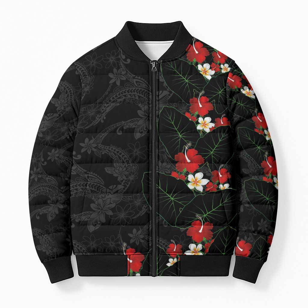 Hawaiian Taro Leaves-Hibiscus and Plumeria Bomber Puffer Jacket Floral Tribal Tattoo Motif LT03 Unisex Black - Polynesian Pride