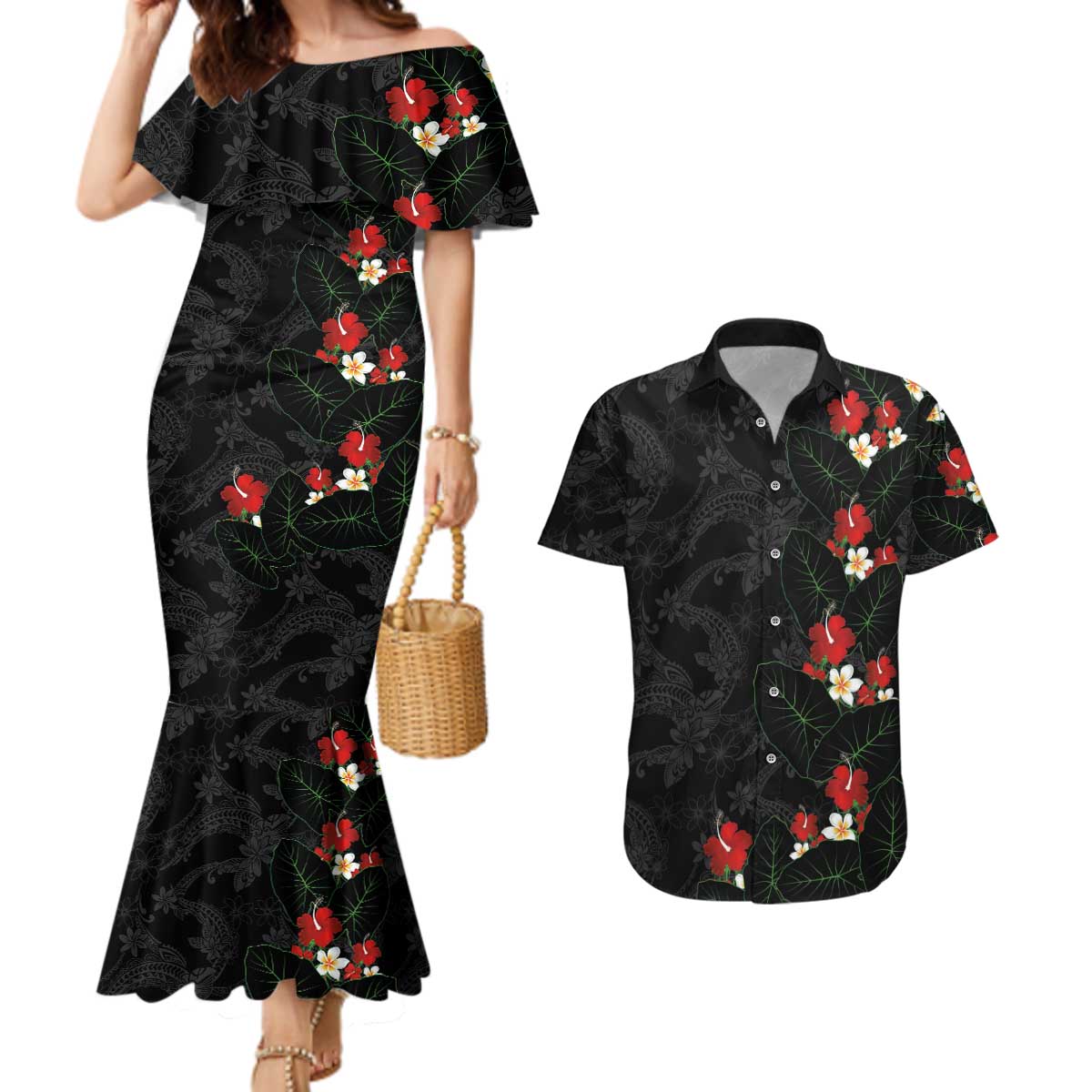 Hawaiian Taro Leaves-Hibiscus and Plumeria Couples Matching Mermaid Dress and Hawaiian Shirt Floral Tribal Tattoo Motif