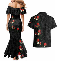 Hawaiian Taro Leaves-Hibiscus and Plumeria Couples Matching Mermaid Dress and Hawaiian Shirt Floral Tribal Tattoo Motif