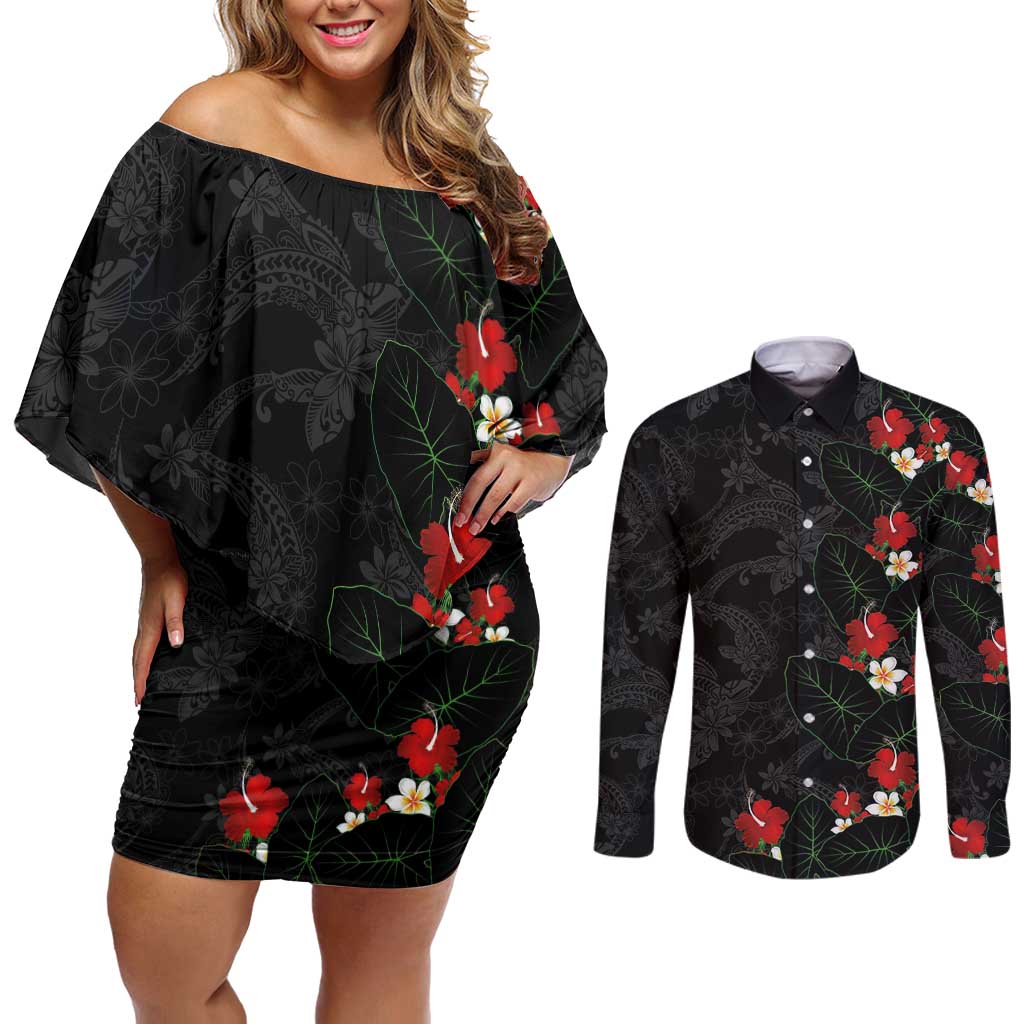 Hawaiian Taro Leaves-Hibiscus and Plumeria Couples Matching Off Shoulder Short Dress and Long Sleeve Button Shirt Floral Tribal Tattoo Motif LT03 Black - Polynesian Pride