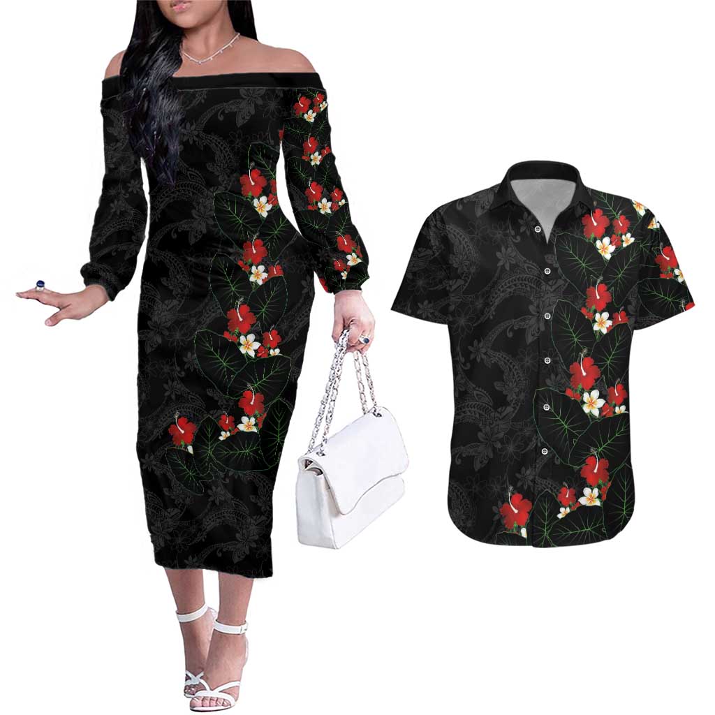 Hawaiian Taro Leaves-Hibiscus and Plumeria Couples Matching Off The Shoulder Long Sleeve Dress and Hawaiian Shirt Floral Tribal Tattoo Motif